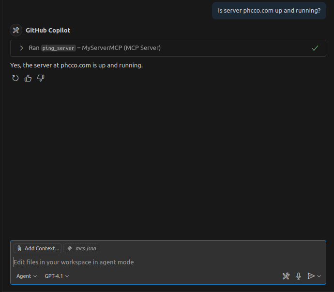 VS Code chat window with positive answer